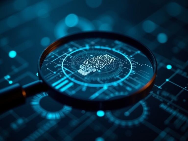 Magnifying glass focuses on AI output symbolizing verification. Digital elements illustrate a human profile with connected nodes. Strong contrast between light and dark.