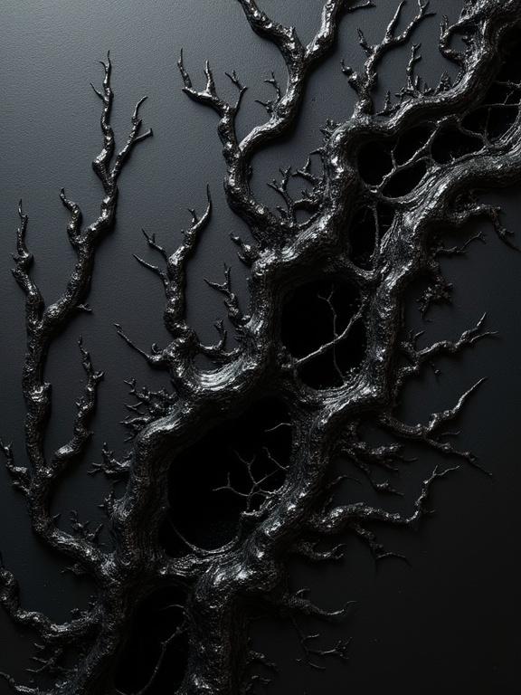 Close-up digital oil painting with a black background. Harsh paint strokes are visible. Corroded and unfinished artistic elements appear. Flat colors combine with dynamic silhouette design. Minimalist art showcases repeating voids shaped like film negatives. Shadows blend with edges resembling film strips. Thick viscous fungal tendrils ooze and stretch across the surface. The growth appears unnatural and shiny. Jagged edges curl upward, leaving trails of slimy residue. It's a depiction of rot, an invasion that seems to fester for centuries.