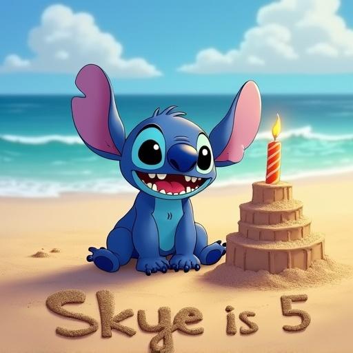 Cartoon character named Stitch on the beach. Sandcastle with a candle on top. Text in the sand reads Skye is 5. Scene represents a birthday party.