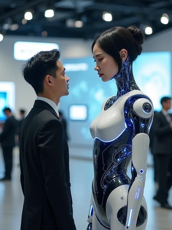 A lifelike humanoid robot on display. She looks human from the neck up. Flawless skin expressive eyes natural black hair. A man gazes at her in amazement. The robot wears a futuristic bodysuit with blue and black details. The background features a modern tech exhibit.