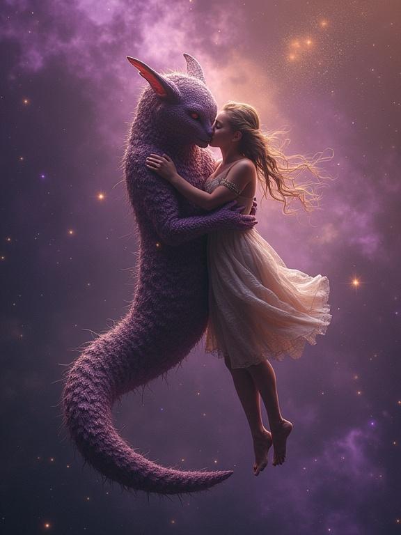 Hyperdetailed scene of a beautiful slavic tribal girl floating in zero gravity hugging a bizarre but majestic space creature stardust trailing from their embrace purple and gold nebula backdrop soft backlighting ethereal glow peaceful expression surreal beauty