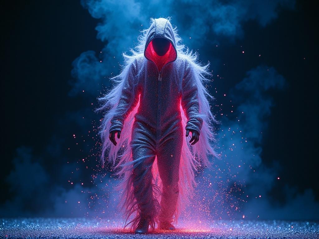 A figure in a glittering costume stands in darkness. Sparkling glitter explodes from their body. Reality distorts into swirling patterns. Colors include dark blues, purples, and bright pinks. Medium shot. Artistic and experimental.