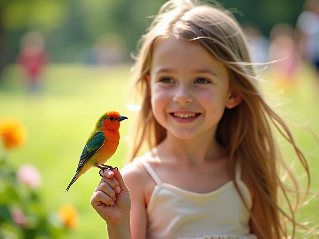 A cheerful young girl is outdoors, smiling widely as she holds a colorful bird on her finger. The setting is a vibrant garden filled with blooming flowers and greenery. The bird, with its striking orange and blue feathers, captures attention as it sits comfortably on her hand. The girl's long hair flows gently in the breeze, adding to the joyful atmosphere. This moment highlights a beautiful connection between children and nature, showcasing innocence and wonder.