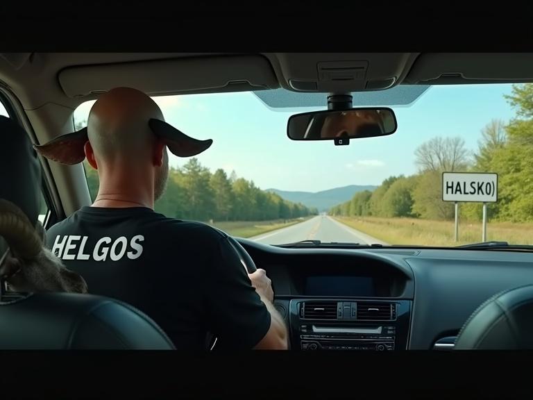 View from the back seat of a car looking forward. Older man driving bald with large ears. Black t-shirt with HELGOS on the back. Passenger humanoid goat with realistic head and horns wearing same t-shirt. Car passing roadside sign saying RALSKO. Typical Czech countryside with trees and hills. Clear daylight with blue sky and clouds. Surreal but peaceful mood. Highly detailed interior with realistic light and shadows.