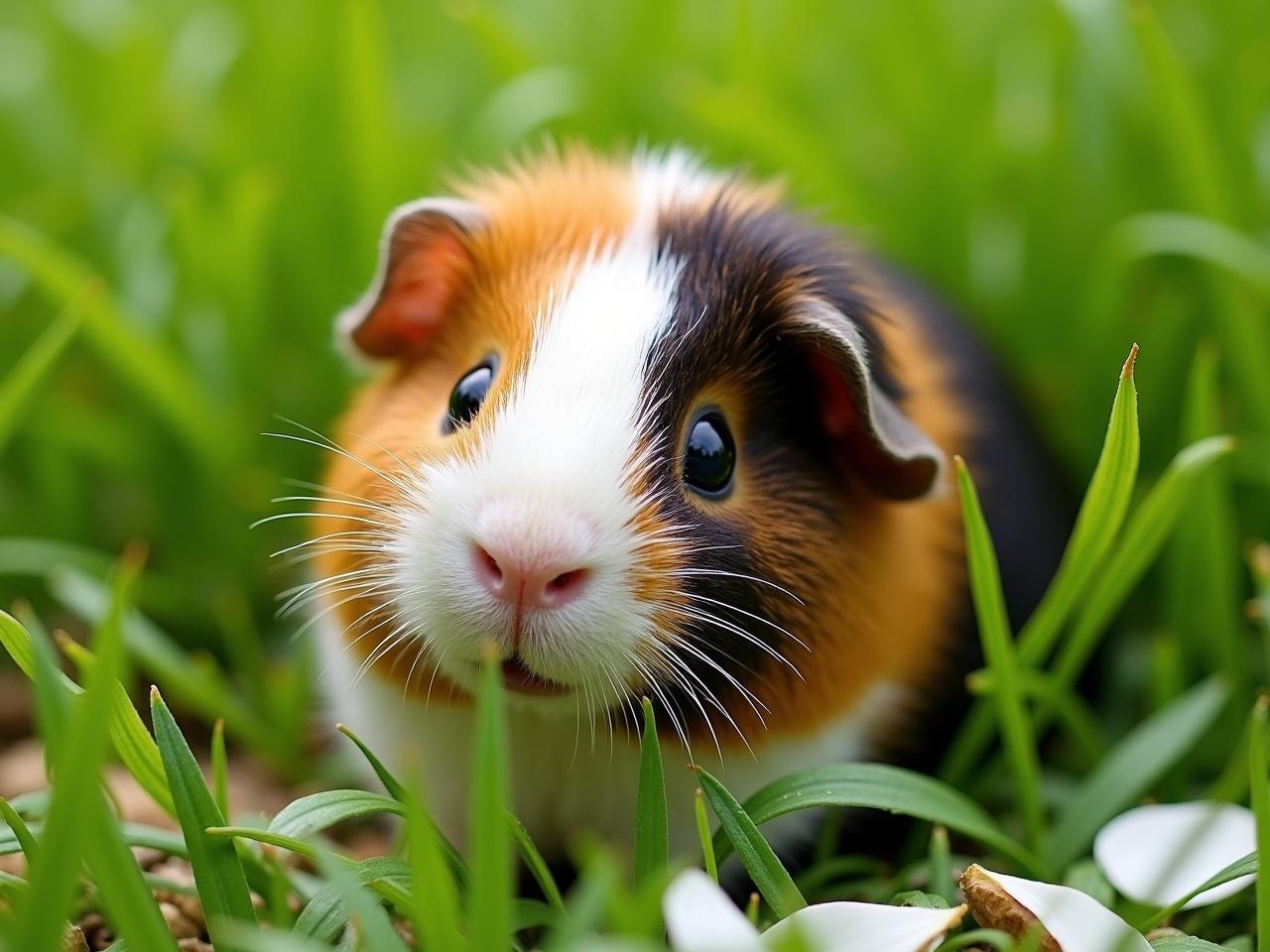 The image shows a cute guinea pig nestled in green grass. The guinea pig has a mix of orange, white, and black fur, with its curious eye peering out from the lush greenery. Around it, there are various blades of grass and some white petals scattered on the ground. The scene is bright and cheerful, suggesting a warm and sunny day. The guinea pig appears relaxed and comfortable in its outdoor environment, adding a playful aspect to the overall composition.