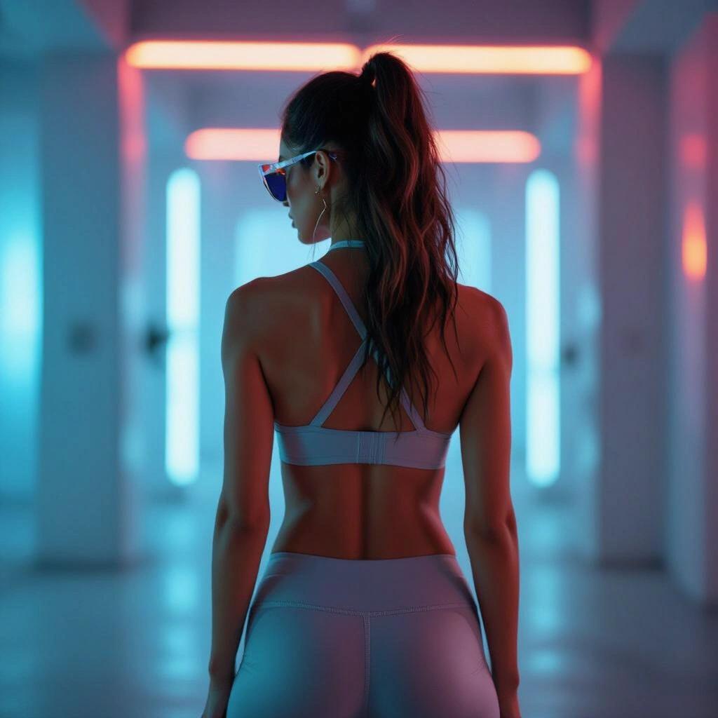 Future scene featuring a female model standing facing away. The model shows off her attributes wearing a light halter top and yoga pants. She is accessorized with sunglasses. The setting resembles a neon dungeon with bright, colorful lights.