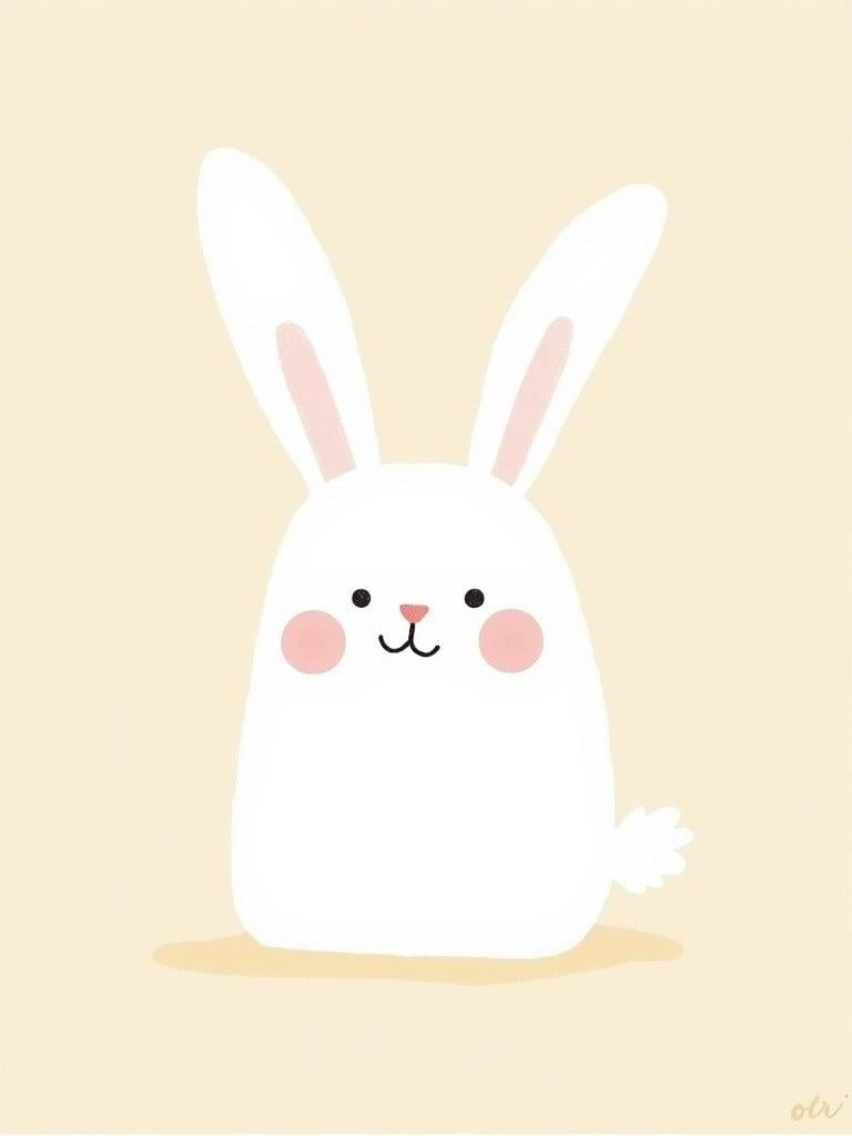 Flat block-color illustration of a cartoon rabbit. Rabbit has large floppy ears and is simple in shape. Face features small black eyes and a smiling mouth. Blush marks on cheeks. Background is light beige. The design is simple and cute.