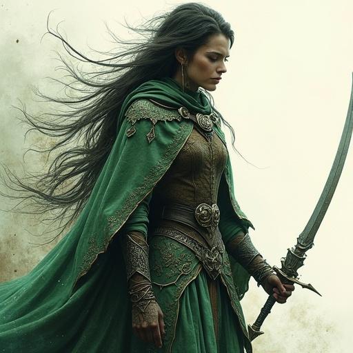 A warrior-poet merges shadow and primal magic. She looks like a mystical elven huntress. Details include intricate armor and an scimitar. Magic swirls around her hands. Lighting contrasts deep shadows with glowing spells.