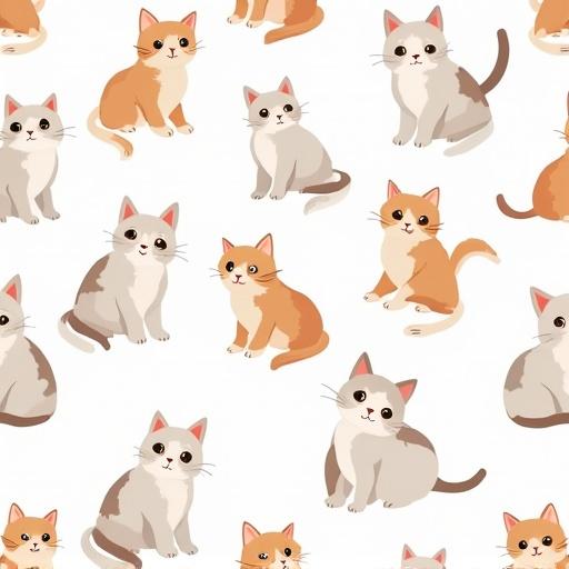 Vector repeatable pattern featuring hand drawn cute cartoon-style kittens in various poses. Soft pastel colors along with black and white. Transparent background enhances visual appeal.
