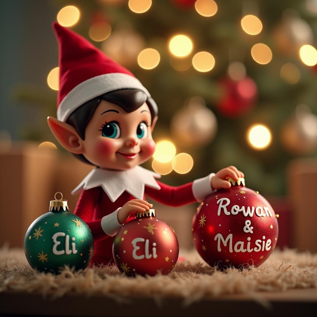 Elf character in red outfit arranging colorful Christmas baubles with names Eli, Rowan, and Maisie. Soft Christmas lights in the background. Scene captures holiday joy and personalization.