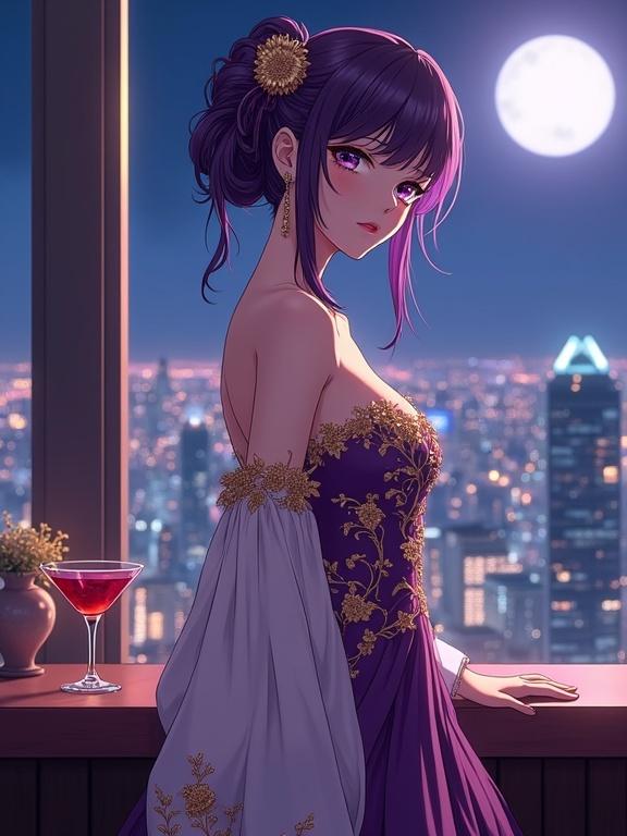 A woman stands gracefully in an upscale lounge. She has sharp expressive violet eyes and rich violet hair in an intricate updo. Her gown is luxurious and off-shoulder with golden floral patterns. There is a wine-red cocktail on the bar counter. The city skyline is vibrant at night with a full moon casting a gentle glow. The scene has dramatic lighting and modern sophistication.