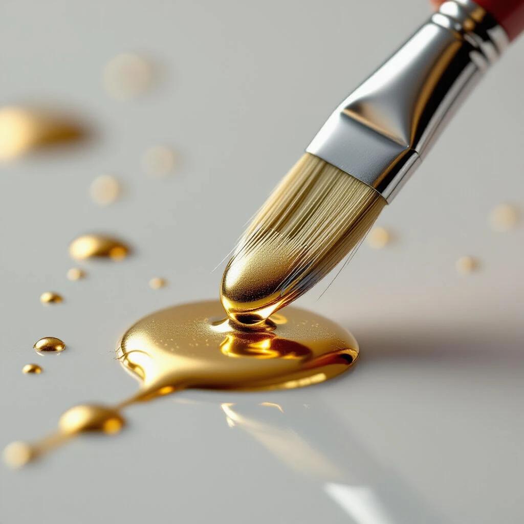 Extreme close-up on tip of metallic silver paintbrush with vibrant liquid gold droplet. Shallow depth of field blurs brush handle against clean white background. Photorealistic details on droplet emphasized. Modern icon design style.