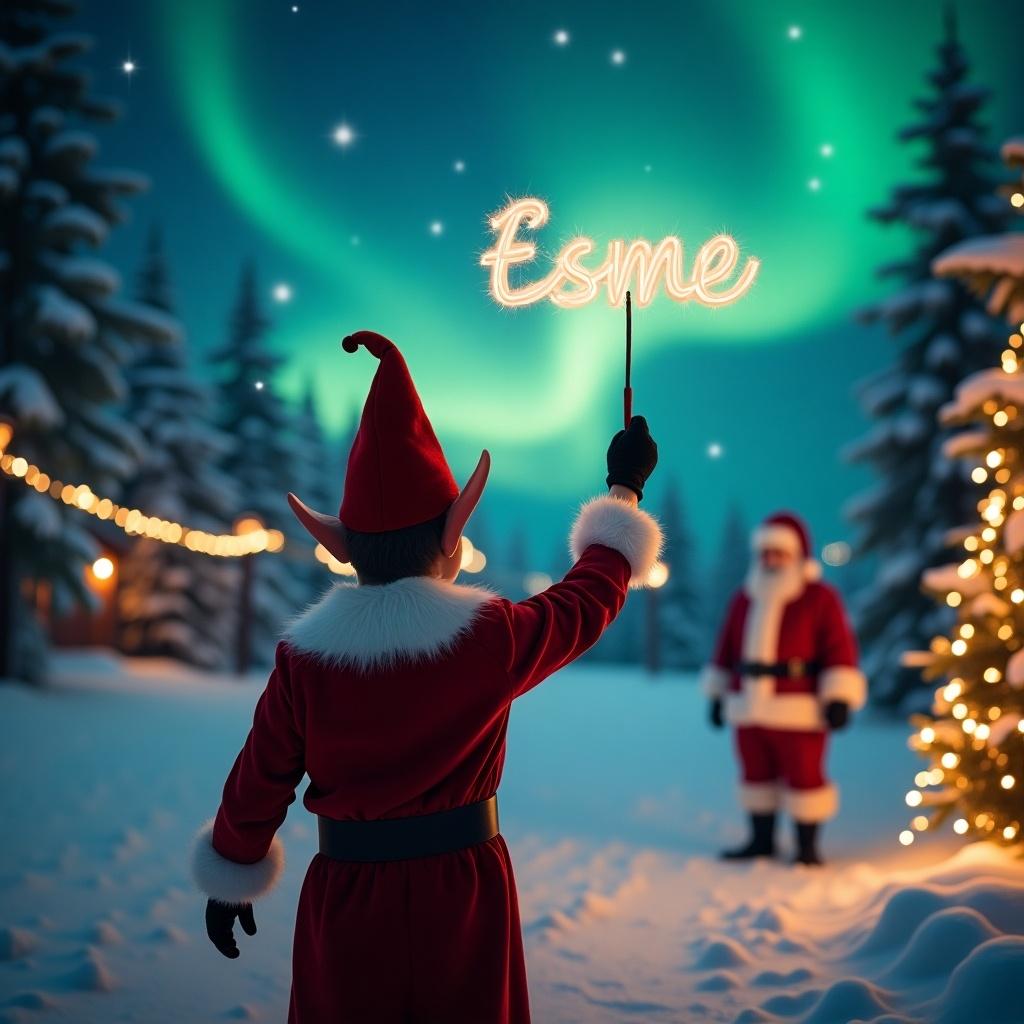 The scene shows an enchanting classic Christmas setting. An elf, dressed in a festive red outfit with a matching hat, is positioned with his back facing the viewer. He raises a wand to spell out 'Esme' in the night sky. In the background, the beautiful northern lights illuminate the serene winter landscape. Santa Claus, dressed in his iconic suit, is visible, adding to the holiday cheer. The warm glow from string lights enhances the cozy atmosphere of the scene, evoking feelings of joy and magic.