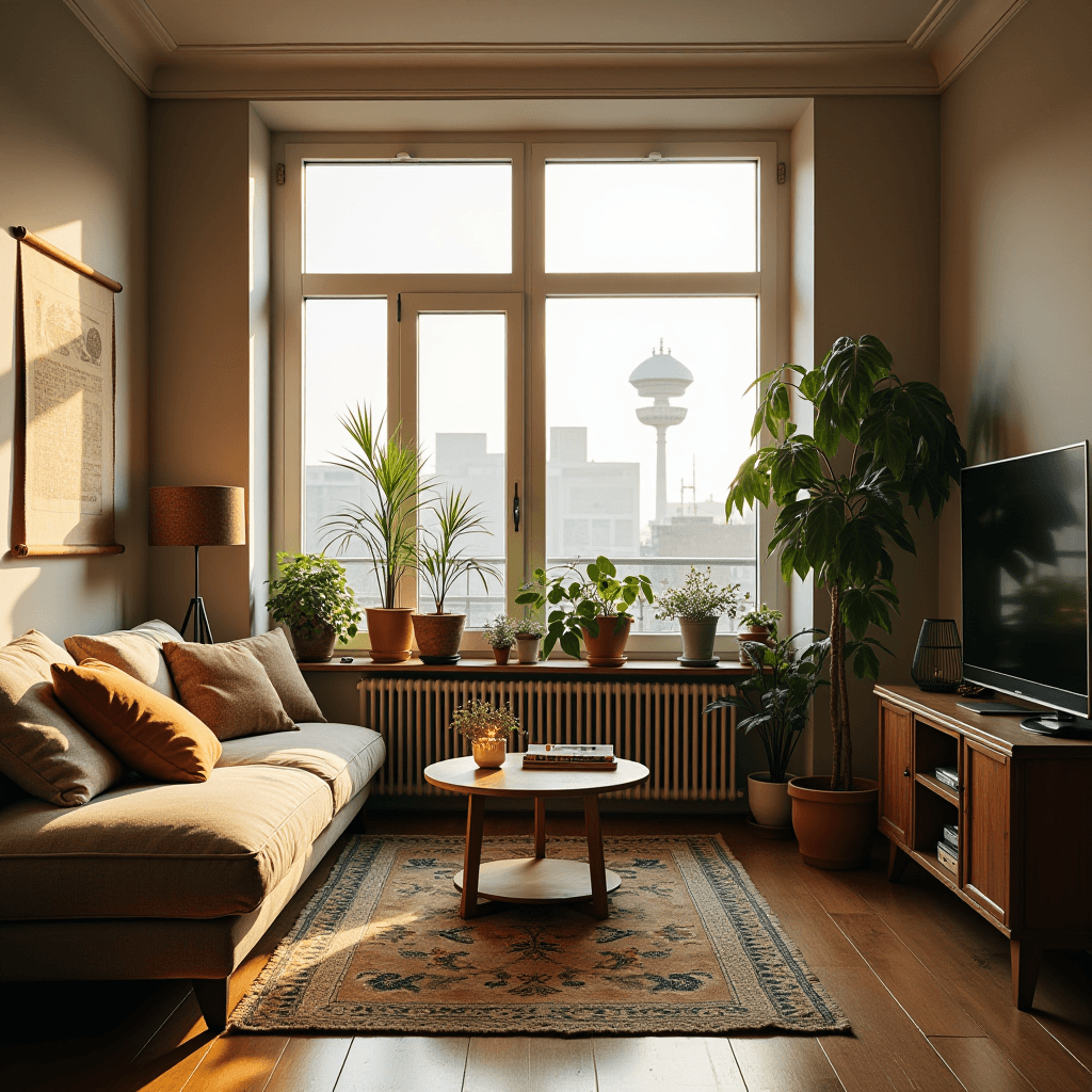 A cozy living room filled with plants, bathed in warm sunlight with a cityscape view through the window.