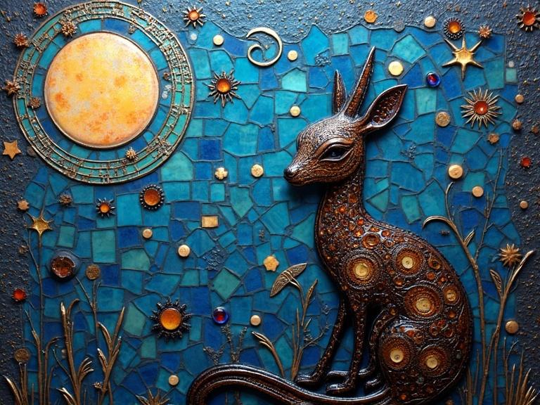 Iridescent artwork featuring ceramic tile and glass mosaic elements. It depicts an abstract representation of a nocturnal animal surrounded by celestial bodies. The piece utilizes encaustic mixed media to create an ethereal atmosphere.
