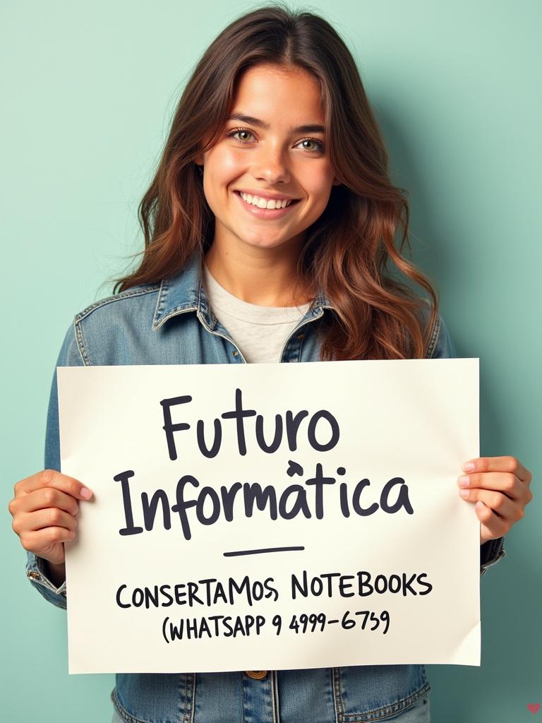 A young brunette female is holding a banner. The banner reads 'Futuro Informática CONSERTAMOS NOTEBOOKS WHATSAPP 9 4909-6769'. The background is light green. She is smiling. The photo is realistic.