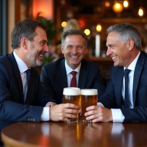 Three politicians in suits are at a pub table. They are drinking beer and smiling. The atmosphere is relaxed and cheerful.