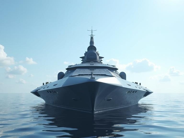 Image shows a sci-fi dark light grey starship destroyer on calm water. Bright blue sky with white clouds. Detail-rich realism with shadows and textures. High resolution 4K quality.