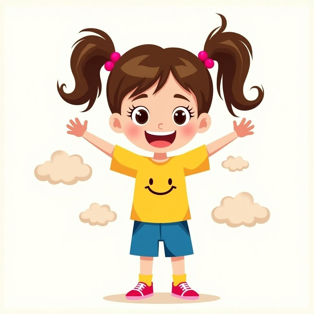 Image of a cartoon girl standing with arms outstretched. She has playful pigtails and a yellow smiley face shirt. The background is blank with fluffy clouds. Her expression is joyful and engaging. The scene is colorful and vibrant, appealing to children.