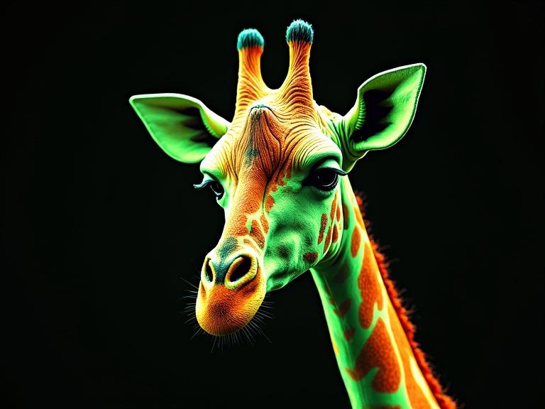 A 3D highly detailed giraffe in neon green and neon orange. The colors clash and pop against a dark background in a high-contrast abstract piece.