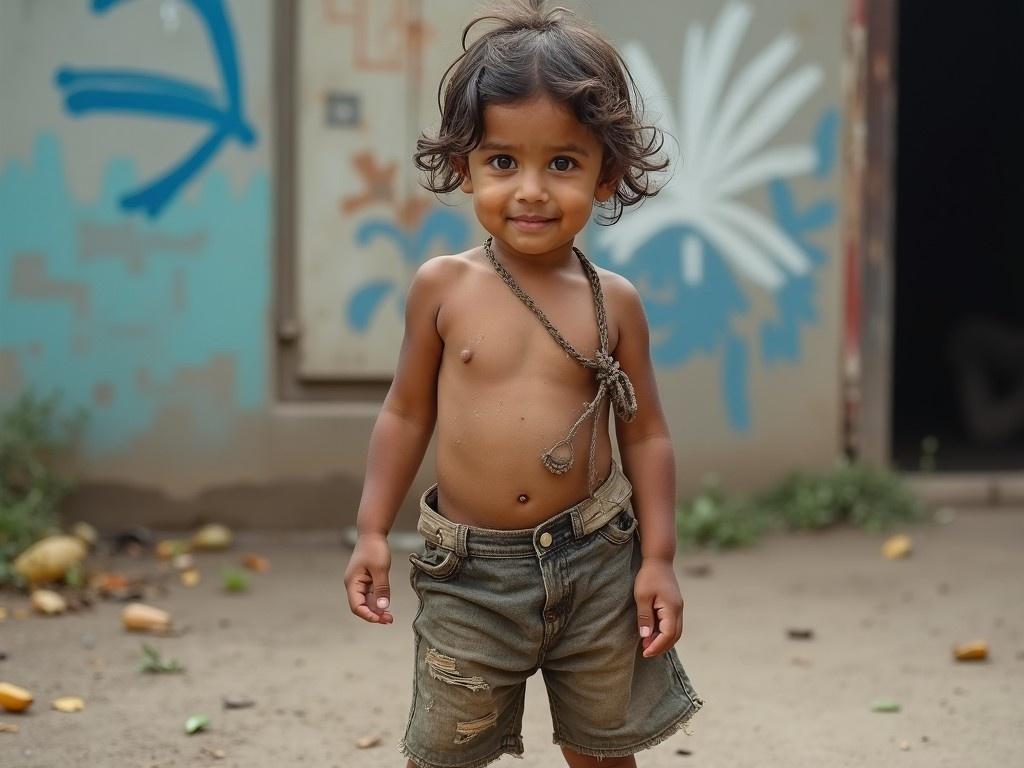 The image depicts a young boy standing confidently with a charming smile. He is wearing tattered shorts that reflect a carefree attitude. His hair is messy, adding to his playful nature. The background is simple, with artistic graffiti that complements the outdoor setting. This candid shot captures the essence of childhood innocence and joy.