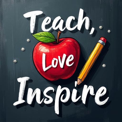 T-shirt design for teachers. Chalkboard background with a red apple and yellow pencil. Text 'Teach, Love, Inspire' in white sans-serif font. Centered design on transparent background. High-contrast surrealistic art style. High-resolution.