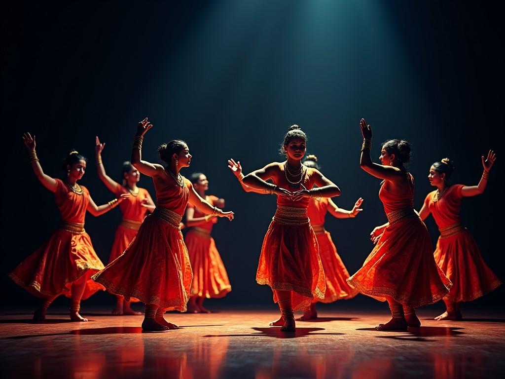 A group of dancers in traditional attire, performing a classical dance on stage. The stage is dimly lit with a spotlight focusing on the central dancer, who is in a striking pose. The dancers wear orange costumes, and their movements suggest flowing energy. The background is dark, enhancing the focus on the dancers.