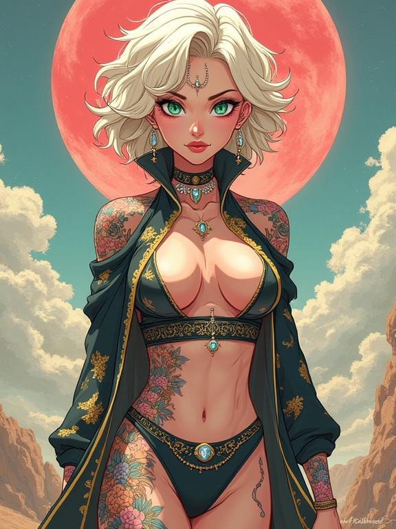 Anime character with short curly blonde hair and green eyes. Traditional Japanese tattoos on her body. Elegant outfit inspired by martial arts. Standing confidently under a full moon. Elegant jewelry including diamond accents. Muscular physique with defined features. Powerful presence reflecting a futuristic style.