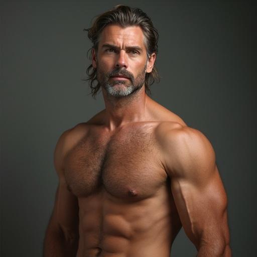 Hyper-realistic full-body portrait of a 45-year-old man with a beard and long gray hair. Sculpted physique, not muscular. Nude