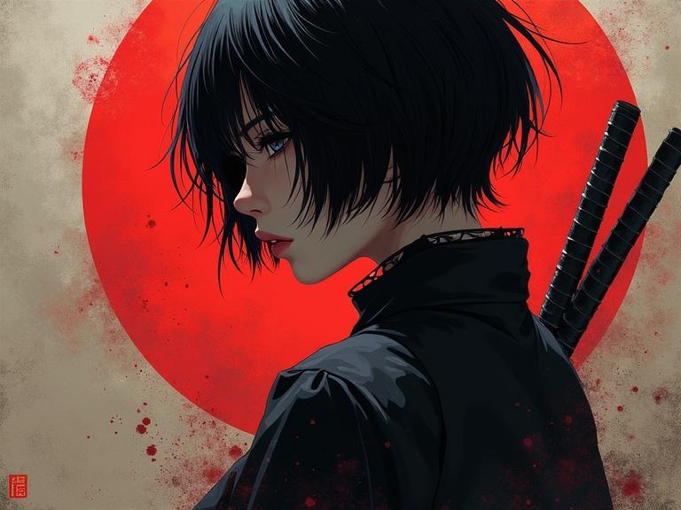 Image features a beautiful woman with short black hair. She has a ninja aesthetic with katana swords visible. The background is a large red sun, creating a striking contrast. The overall theme is dark and edgy with elements of Japanese culture.