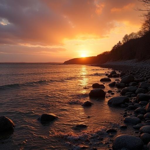 Atardecer en un puerto pesquero con sol reflejándose en el agua
