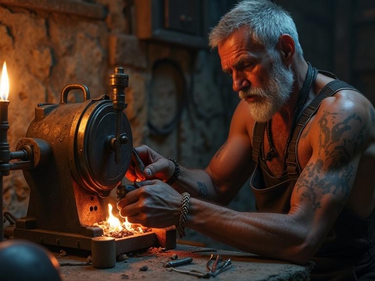A gritty realism scene featuring a lone mechanic in a dimly lit stone workshop. The mechanic repairs a salvaged combustion device, surrounded by primitive tools. The air is filled with smoke and the scents of burnt materials. The mechanic's face shows tribal tattoos and scars. His apron is leather and stitched. The machine is ancient with talismanic markings. The lighting is dynamic, emphasizing textures and a raw atmosphere.