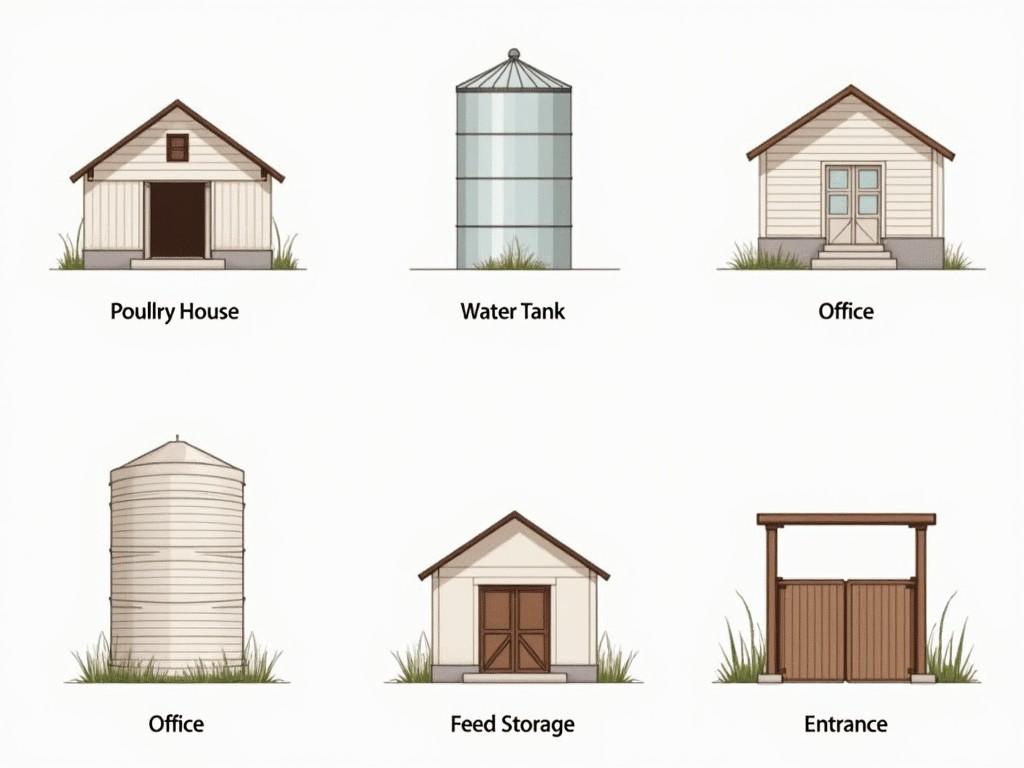 This image presents various types of agricultural facilities. It includes a Poultry House, a Water Tank, and an Office. Additionally, it shows structures such as Feed Storage and an Entrance or Gate. Each facility is depicted in a simplistic, illustrative style. The layout suggests a farm environment with a focus on utility and function.