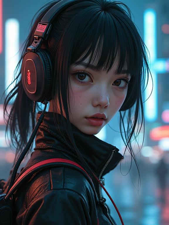 Portrait of a cyberpunk girl with headphones in a neon-lit environment. Striking similarity to styles by Yoshitaka Amano and Satoshi Urushihara. Features vibrant colors and futuristic elements.