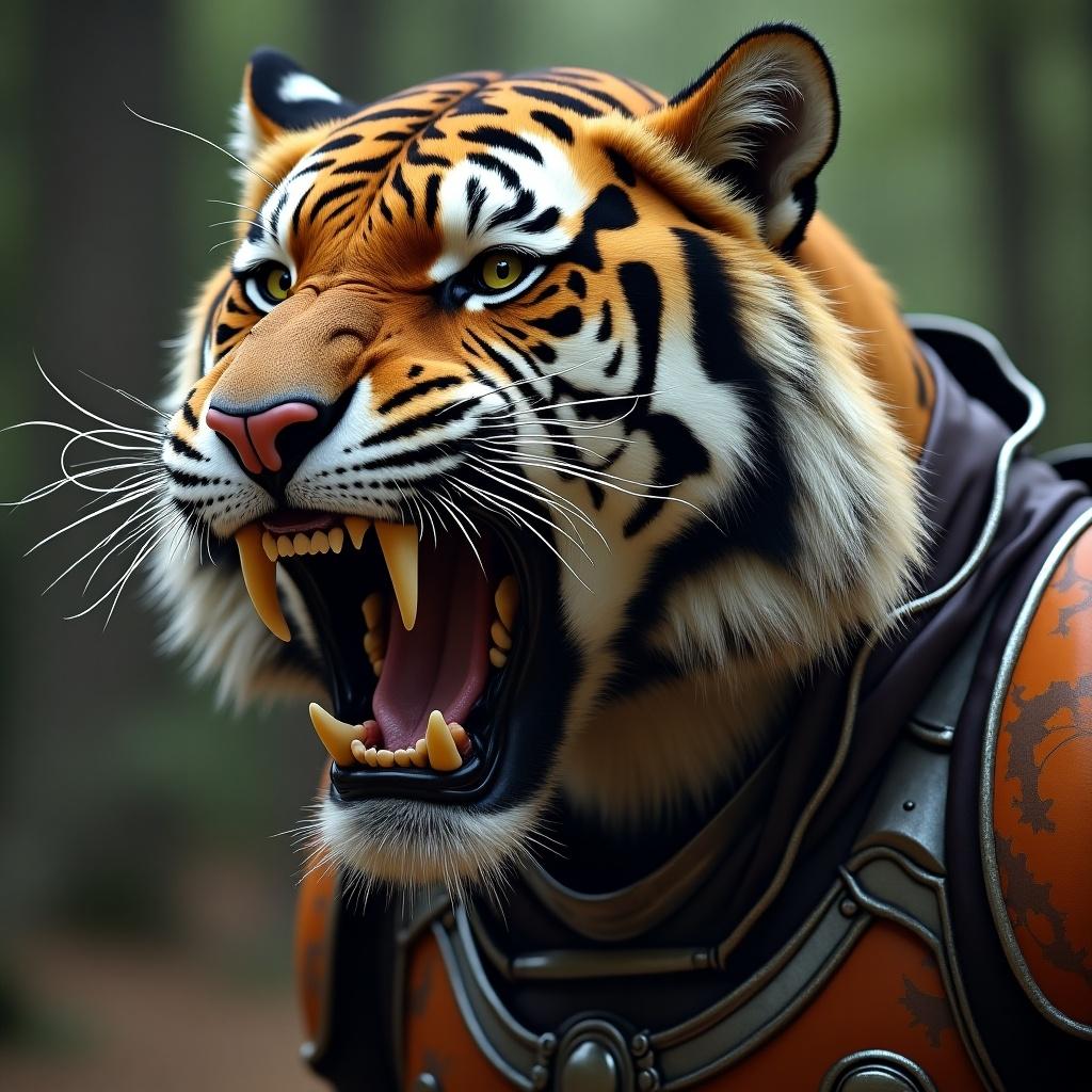 This image features a saber-toothed tiger, depicted with an imposing and aggressive expression. The tiger is wearing intricately designed iron armor that highlights its powerful physique. The fierce face of the tiger shows its sharp teeth and intense eyes. The background consists of a blurred forest scene, enhancing the focus on the tiger. This artwork blends elements of fantasy with a prehistoric theme, creating a unique character that captivates the viewer's attention.