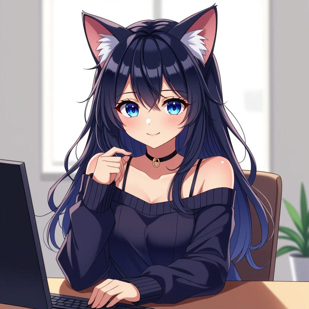 Anime girl with cat ears in a casual setting. She has long dark hair with lighter tips. The character wears a cozy sweater and rests her chin on her hand. Background features a laptop and a plant.