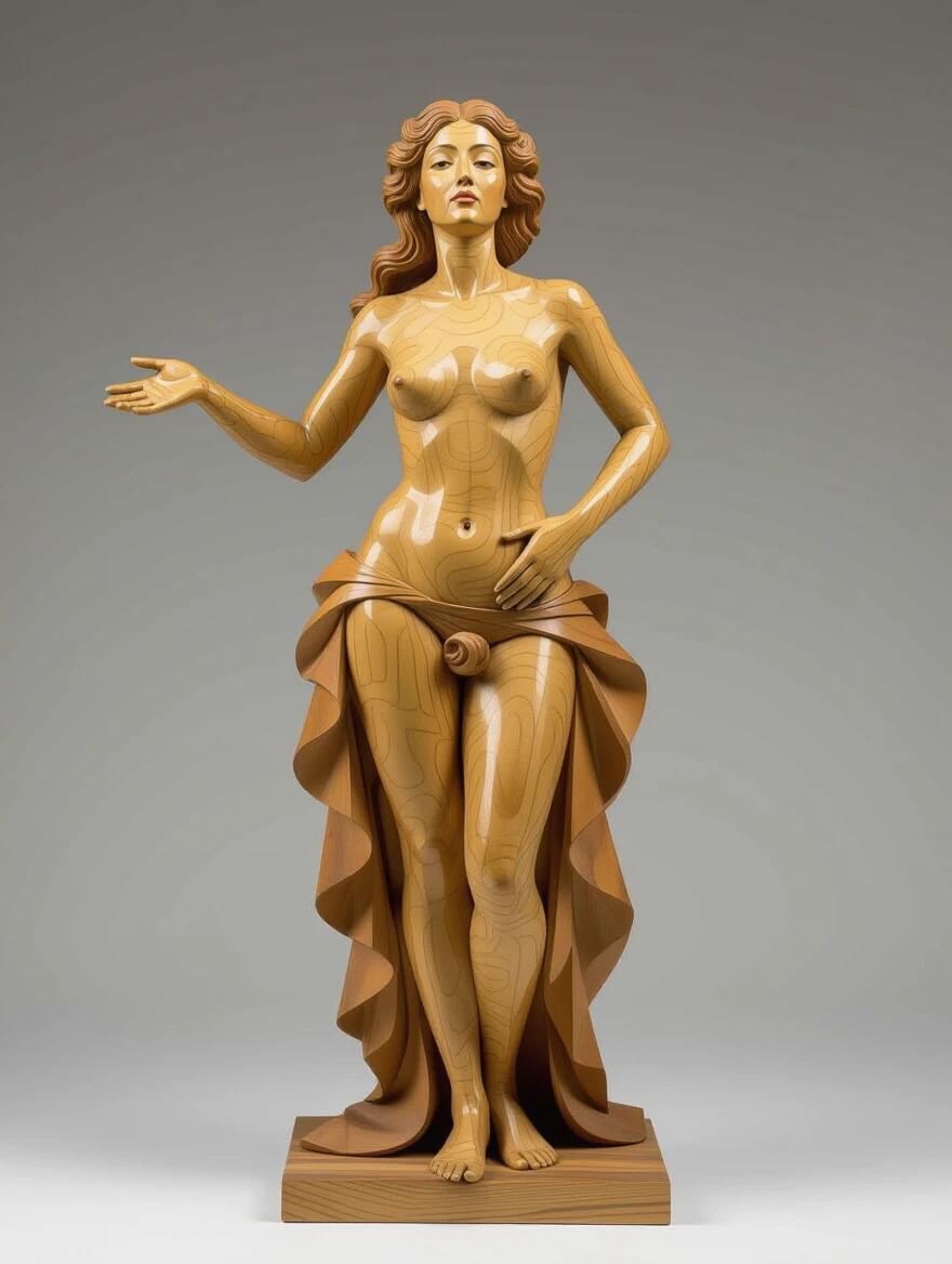 3D sculpture of a wild naked woman made entirely of wood. Sculpture has a wooden pubis. The woman stands in front of a wooden box. Light wooden pieces hang from thin wire. The wood's asymmetry causes pieces to spin with air currents. The sculpture forms an abstract monstrous female body at odd angles.