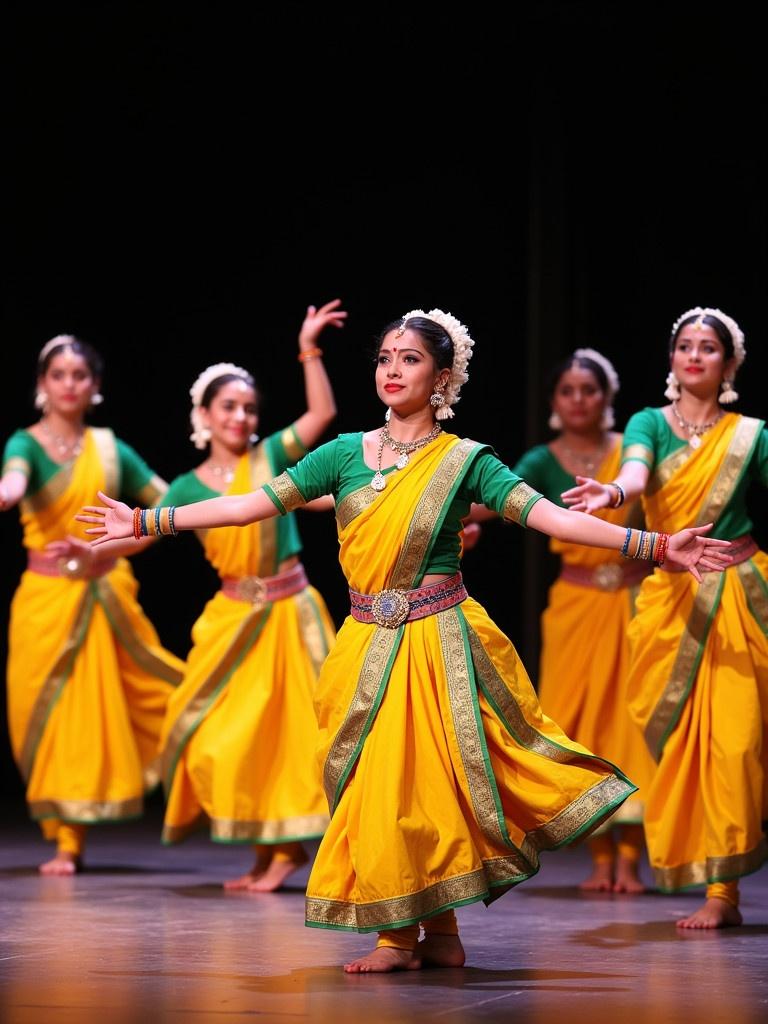 Group of dancers performing traditional Indian folk dance. Bright yellow and green attire is vibrant. Dancers wear traditional accessories. They express lively emotions on stage. The backdrop is simple to emphasize dancers.