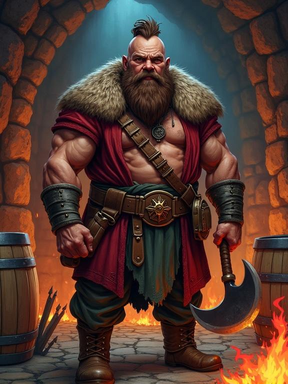 A muscular dwarf with a beard. He holds an axe. He stands in a tavern. The atmosphere is dimly lit with wooden barrels and flickering torches. The color palette includes rusty reds and deep browns. Use textured brush strokes for skin and clothing.