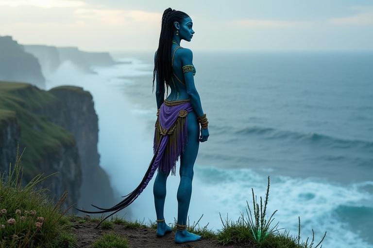 Kaari stands on a mossy cliff edge overlooking a misty ocean inlet. Her eyes scan the horizon as waves crash below. Bioluminescent plants pulse softly behind her. She is tall and graceful Na’vi with radiant blue skin featuring bioluminescent stripes. Her athletic figure is both powerful and elegant with elongated limbs and a long tail. High cheekbones and feline golden eyes reveal strength. Intricately braided long black hair is adorned with natural beads. She wears a netted chest covering and purple tasseled loincloth, accented by handcrafted jewelry. Side-profile low-angle shot with ocean horizon and mist.