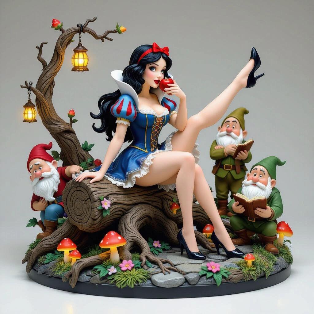 Resin figure of Snow White sitting on a log. One leg is crossed in the air. She is wearing a tight dress with a corset and a sheer skirt. She is holding a red apple near her lips. Long black hair with a red ribbon. Three dwarfs surround her. One is sleeping on a rock. Another is crossing his arms and looking angrily. Another is reading a book. Base with glowing mushrooms, hanging lanterns, tangled roots, and magical flowers. Highly detailed resin sculpture with artistic finish.