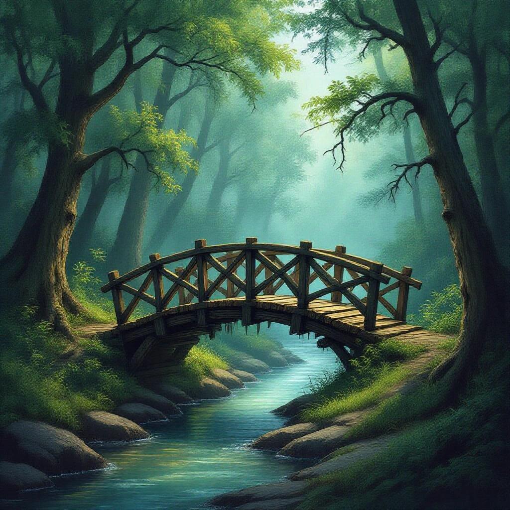 A picturesque watercolor scene of a wooden bridge over a river surrounded by a thick forest. The setting has cinematic lighting making it feel enchanting and magical.