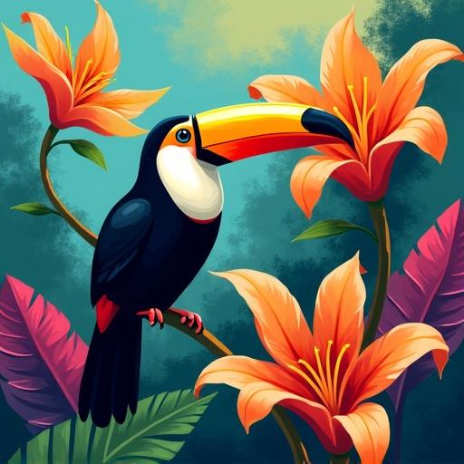 Tropical toucan perches on twisting vine of oversized banana flowers. Bold blocks of turquoise orange and magenta. Stylized painterly rendering with high contrast lighting and abstract leaf shapes swirling around.
