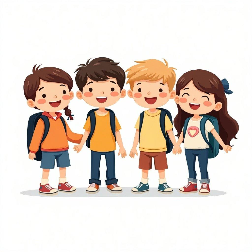 Illustration of four animated children standing together. All wear casual clothes and backpacks. Children's expressions are cheerful and excited for adventure or school. Illustrates friendship and colorful excitement.