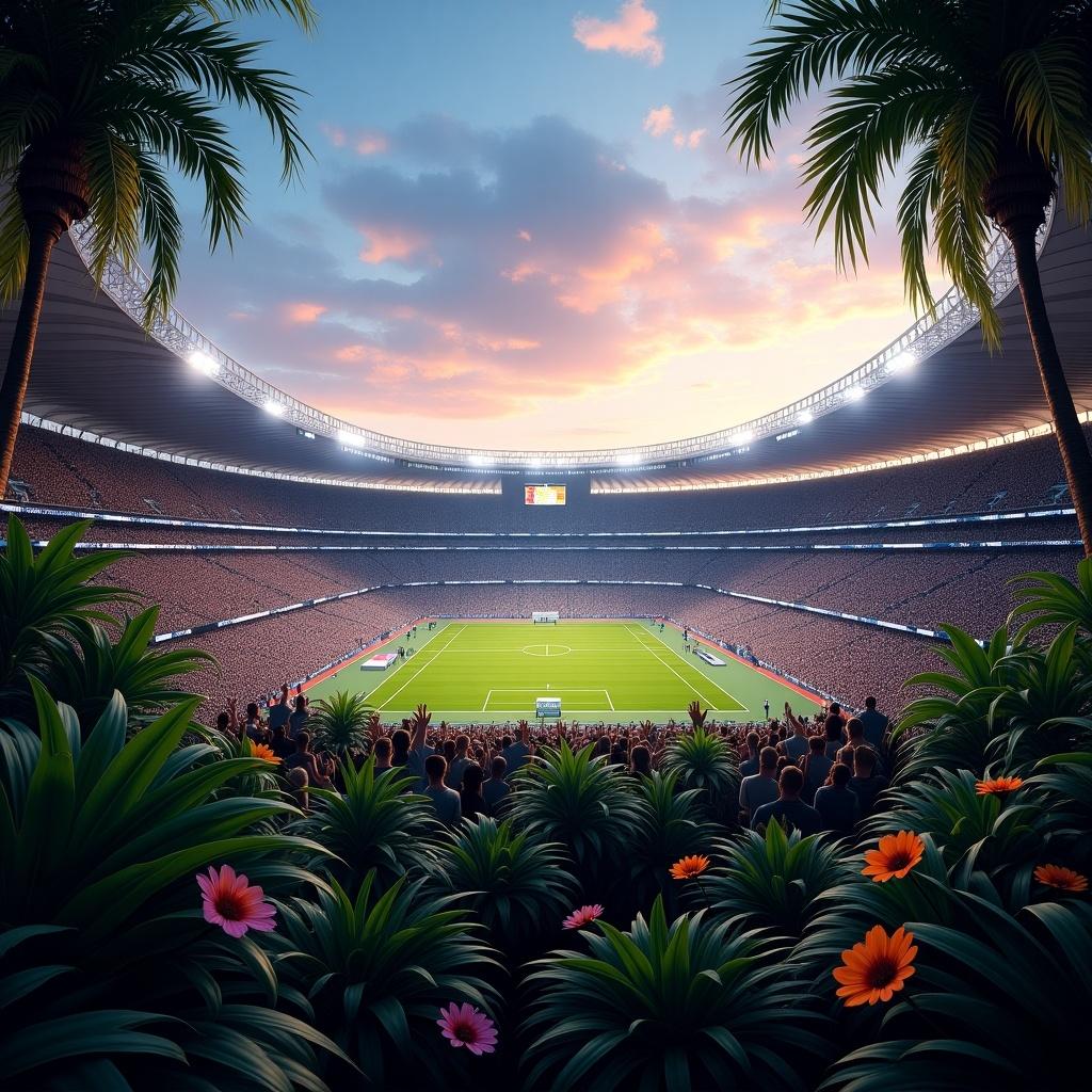 Vibrant stadium scene merges with lush jungle environment. Modern stadium with expansive crowd. Tropical plants and palm trees surrounding arena. Magical twilight atmosphere with bright, glowing sky. Foreground features detailed greenery and colorful flowers. Captures excitement and energy of grand event in nature-infused setting.