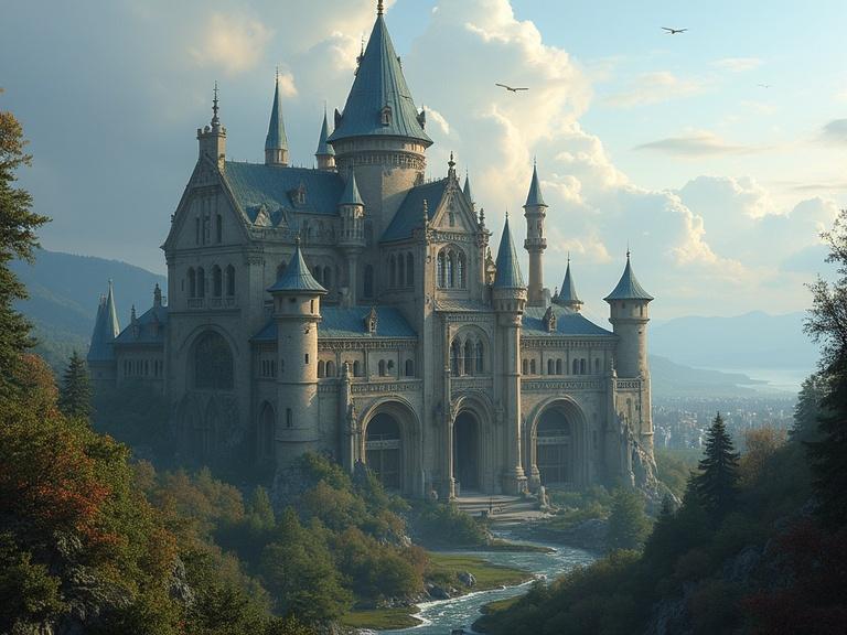 Majestic fantasy palace stands with pointed roofs and elaborate architecture. Surrounded by a scenic landscape. River flows nearby with a medieval city in the background.