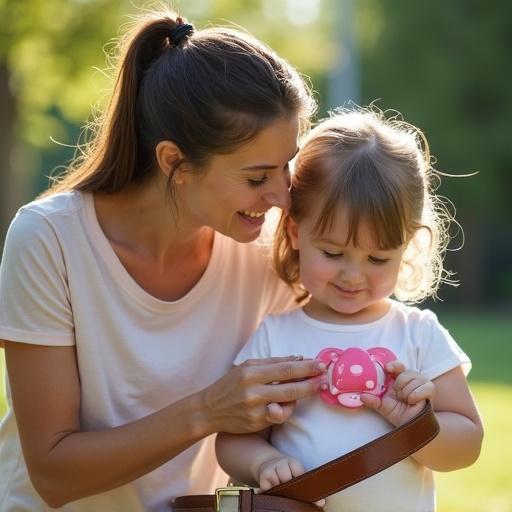 Mother uses a belt playfully with her daughter. The scene captures a sunny day with natural light. Child holds a large pacifier. Playful atmosphere between parent and child.