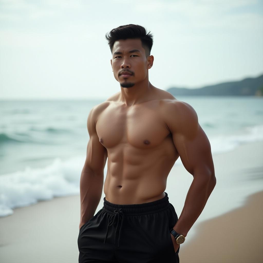 Image features muscular asian male enjoying a beach setting. Young adult with defined muscles. Gothic fit style highlighted in athletic shorts. Natural beach scenery adds depth.