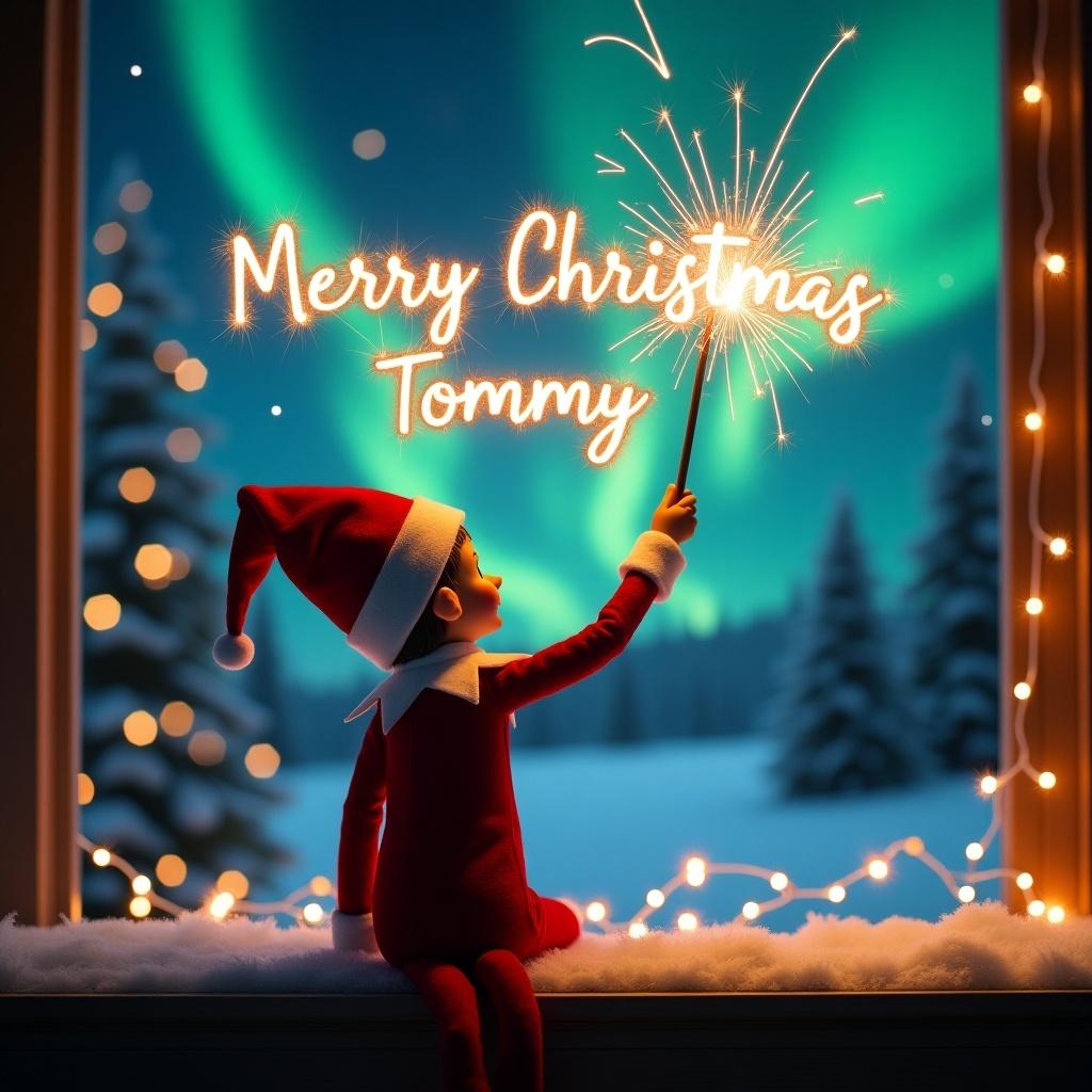 Enchanting Christmas scene featuring elf on the shelf. Elf dressed in red and white. Wields magic wand, writing 'Merry Christmas Tommy' in sparkler script. Vibrant northern lights backdrop. Whimsical holiday spirit. Elf's position evokes wonder and excitement.