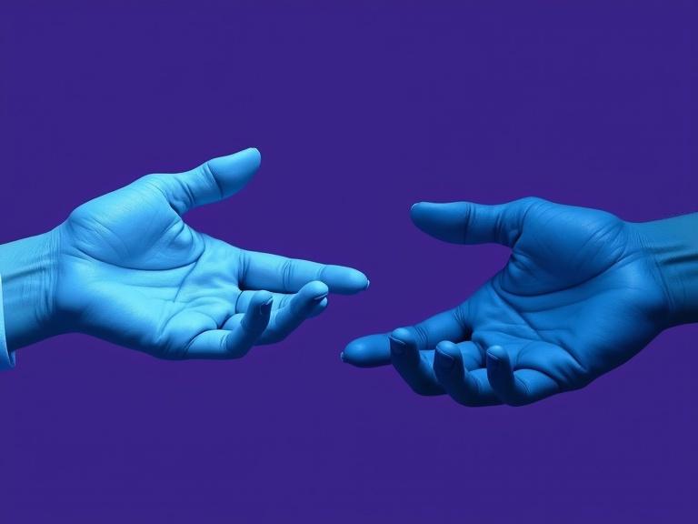 Vibrant stylized representation of two masculine hands reaching to connect, rendered in shades of blue. Modern abstract feel with a darker purple background for depth.